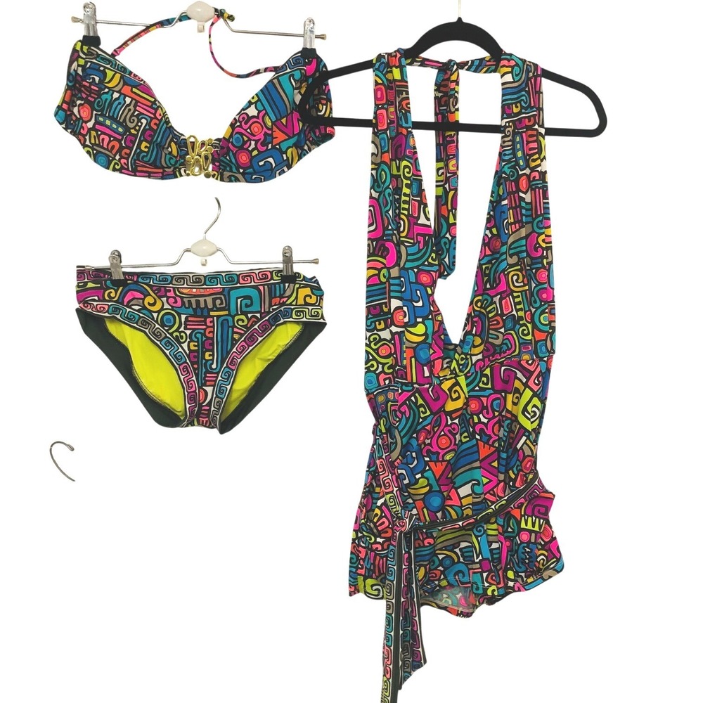 Trina Turk Maya Bikini Romper Set Abstract Maximalist Beach Coastal Mod Size 14
